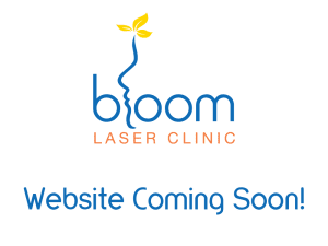 A blue and white logo with the words " bloom laser clinic website coming soon ".